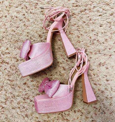 EGO Dolls Kill  Barbie Pink Taste Diamante Bow Square Platform Lace Up Sandals