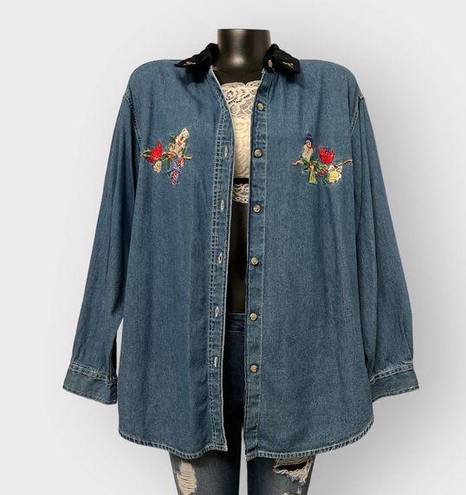 Basic Editions  VTG Christmas Chambray Button Up sz L Womens Shacket Denim Jacket