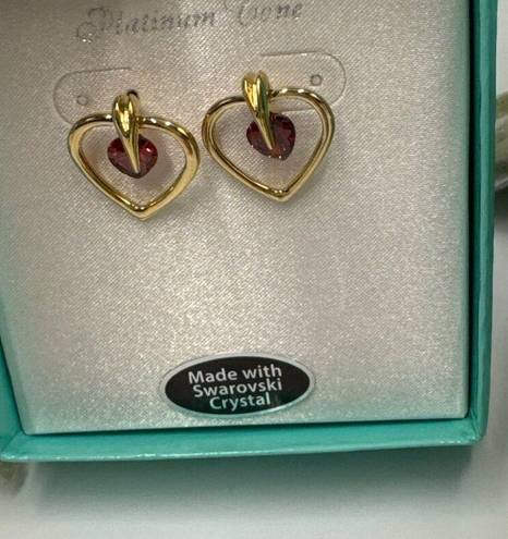 Swavorski Swarovski Pierced Earrings Gold Tone Heart Shape with Faux Red Gem NIB