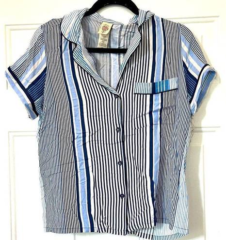 In Bloom  Pajama Top Medium M Blue White Stripe Soft Satin Lounge Button Shirt