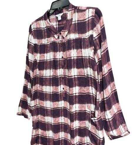 Garnet Hill  Womens Plaid Crepe Tunic Top 6 Brown White Long Sleeve Half Button