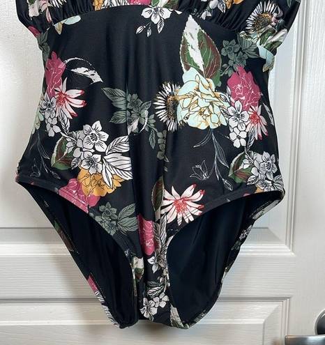 Modcloth Womens  Promised Paradise Black Floral Plunge Swimsuit Size XL EUC #2943