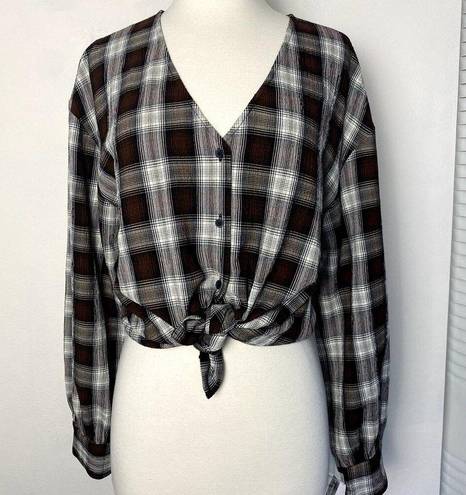 Treasure & Bond  Plaid V Neck Button Up Long Sleeved Red White & Brown Boho Shirt