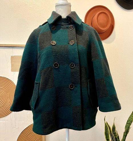 Anthropologie  Cartonnier Green Buffalo Plaid Checkered Coat Cape Wool Blend