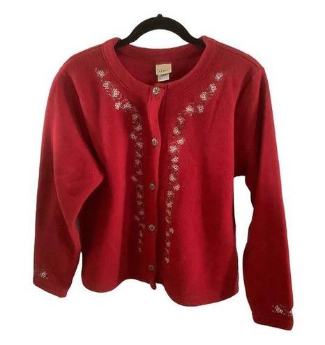 L.L.Bean Vintage  button up fleece cardigan red embroidered flower fair isle xl