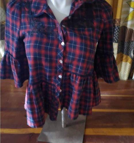 POL  size small, red white and blue checked top seven button closure