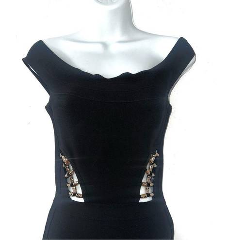 Marciano by Guess Black OTS Bandage Gold Beaded Cutout Bodycon Mini Dress Small