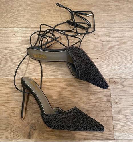 EGO  Lacy Fabric Upper Ankle Tie Wrap Heels in Dark Olive Green / Brown Color