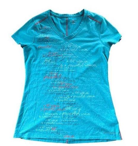 Moving Comfort  Womens V-Neck Blue Graphic Lettering T-Shirt Size Large