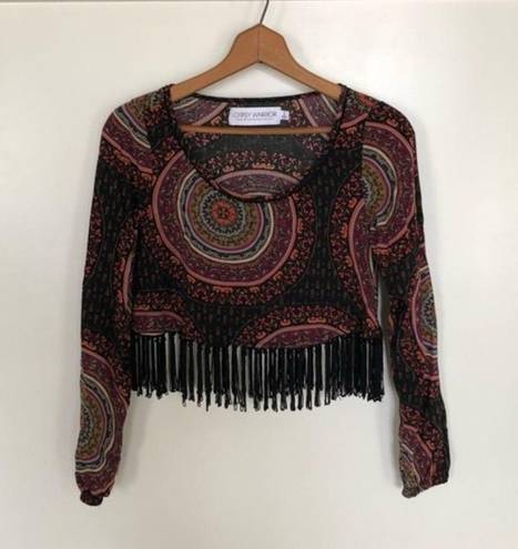 Gypsy Warrior Mob Wife  Fringe Boxy Crop Top Black Red