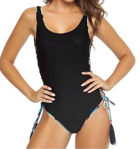 PilyQ  BLACK FLORAL Aralia Lace Up Reversible Lola One Pice Swimsuit