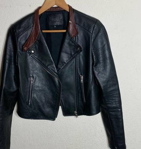 Paige NWOT  black leather / silk jacket with brown collared lining (‎ XS )