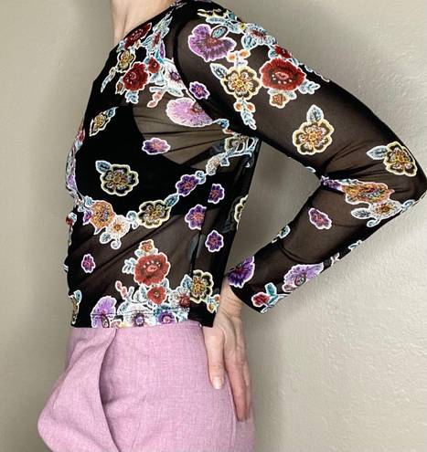 Ginger G Retro Colorful Sheer Floral Crop Shirt