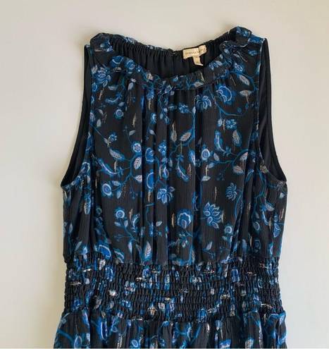 Rebecca Taylor  Kyoto Sleeveless Black & Blue Floral Print Metallic Smocked Dress