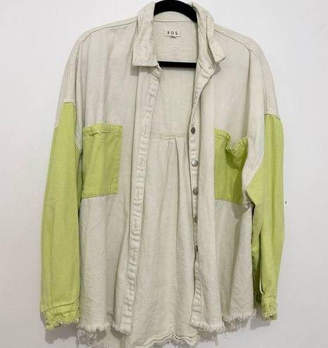 POL  lime green neon Cotton Denim Button-Up Long Sleeve Frayed Edge Shirt Shacket