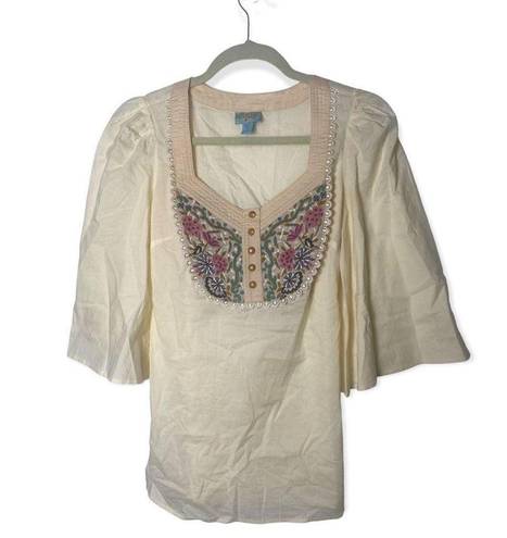 Tracy Reese Plenty by  SZ 2 embroidered front cream blouse