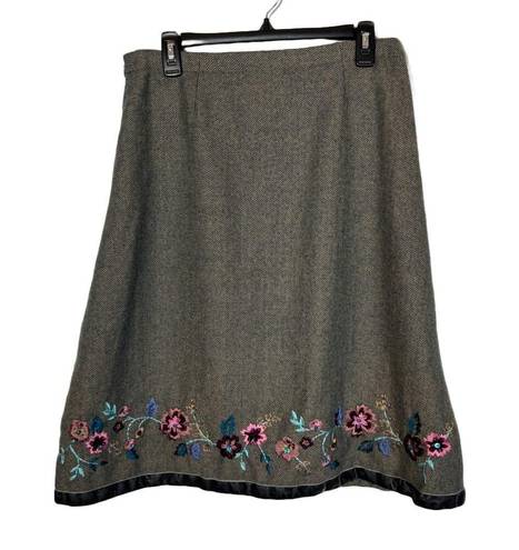 Coldwater Creek  Tweed skirt Floral Embroidery Tan Green Velvet Trim Small