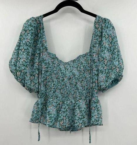 ASTR the Label Puff Sleeve Smocked Peplum Blue and Pink Floral Top