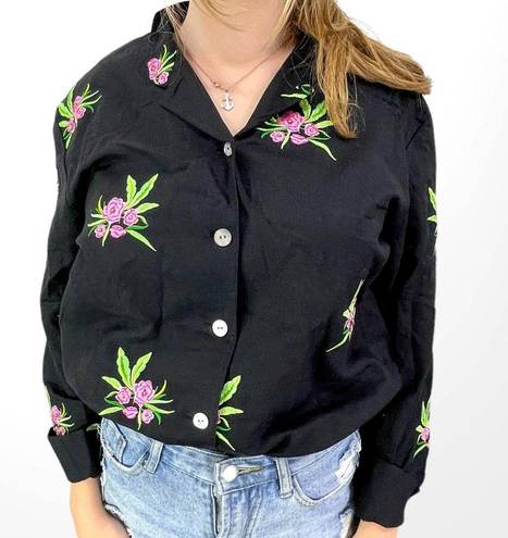 Coldwater Creek 00s  Vintage Black Pink Floral Embroidered Button Up