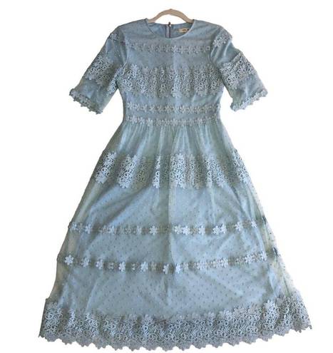 Just Me  Womes Size S Dress Midi Lace Short Sleeves Blue Cottage Modest Party