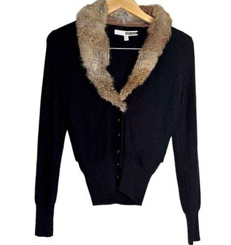 Tracy Reese  Rabbit Fur Collar Black Ribbed Sleeves Cardigan Size Small