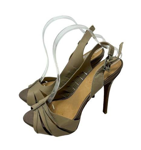 L.A.M.B. Kam Taupe Platform Slingback Wooden Heels Sandals Size 9.5