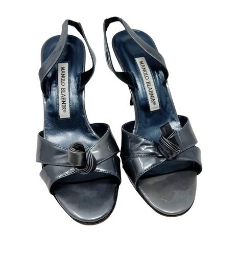 Manolo Blahnik Patent Leather Slingback Sandal Heels Gray Size 5.5