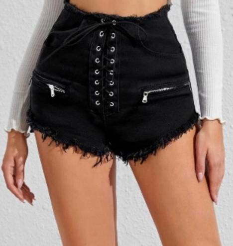 Forever 21 Frayed Black Lace Up Denim Shorts 