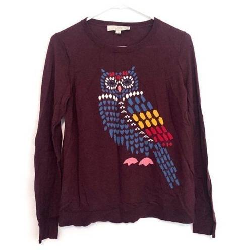 Loft ANN TAYLOR  Mosaic Owl Sweater Burgundy Maroon Graphic Lightweight Wool Etc