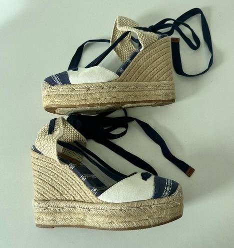 Coach  Fern Navy/Tan/Chalk Ankle Wrap Espadrille Platform Wedges Size 7