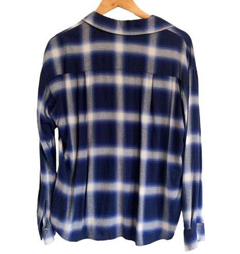 Vince  Soft Relaxed Brushed Plaid Button Down Long Sleeve Top Blue White Small