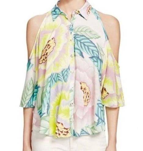 Mara Hoffman  Tropical Print Pastel Cold Shoulder Button Up Collared Shirt Top