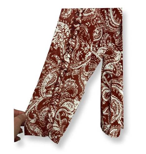 Bobeau  Womens Blouse Brown White Paisley Long Sleeve Tie Keyhole Lined L New