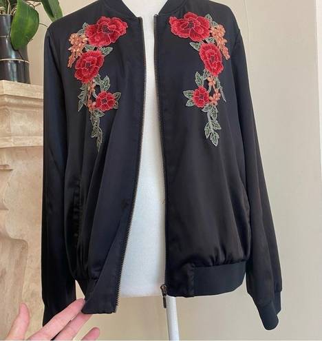 cupio  Floral Embroidered Bomber Jacket Satin Black Womens Size L Full Zip Retro