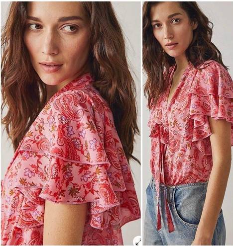 Free People Call Me Later Bodysuit Pink Paisley Ruffled Flutter Sleeve