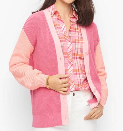 Talbots Pink Colorblock Shaker Stitch V Neck Button Down Cardigan Sweater