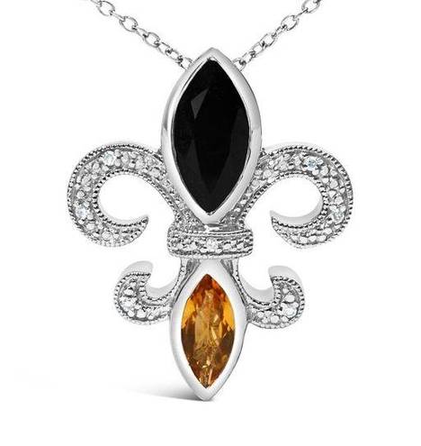 Onyx NIB .925 Silver Marquise  & Citrine & Diamond Fleur De Lis Pendant Necklace