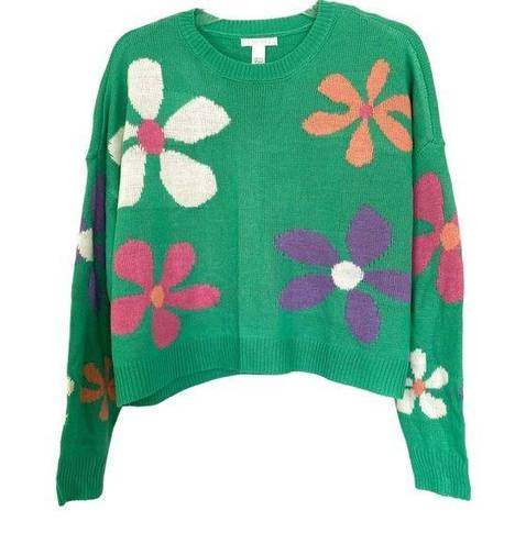 Full Tilt  Green Daisy Floral Crew Neck Long Sleeve Knit Retro Sweater Size Small