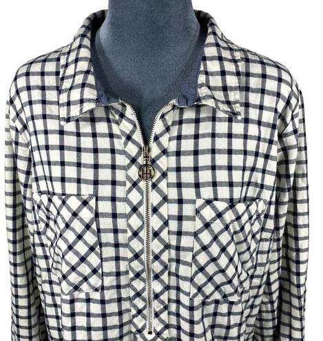 Tommy Hilfiger Flannel Shirt Women's XL Cream Plaid Roll Tabs Popover 1/2 Zip