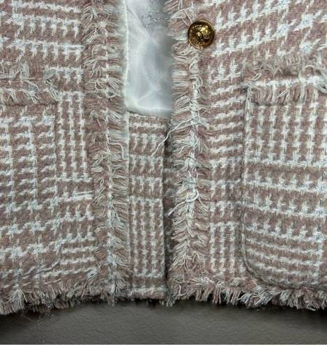 Houndstooth Beloved neutral pink fringe trim  tweed blazer size small