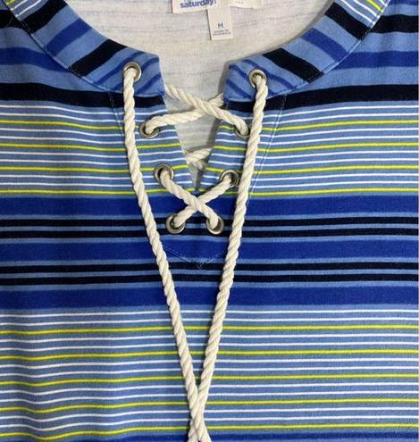 Talbots Shirt Dress Summer Cotton Knit Size Medium Blue Nautical Stripe