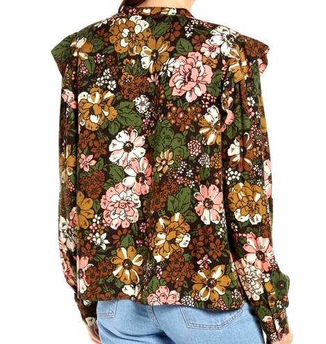 Treasure & Bond  Floral Print Flower Ruffle Frill Trim Button Long Sleeve Shirt