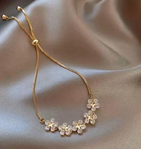 Adjustable 14k Gold Plated Flower Beaded Chain Bracelet