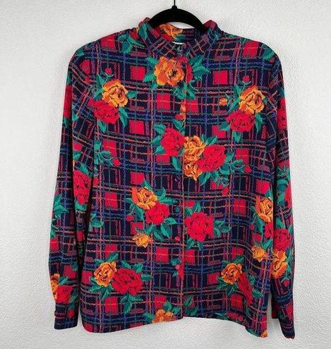 Cathy Daniels Multi color Floral Mock Neck Long Sleeve Button Blouse Top Size 10