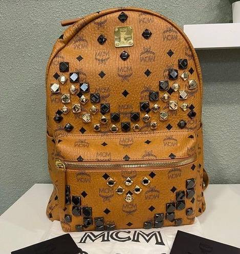 MCM  Medium Stark Visetos Studded Logo Cognac Canvas Backpack