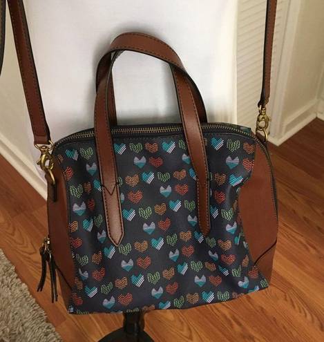 Fossil  Sydney Satchel Brown and Navy With Hearts Med Size Crossbody Satchel Bag