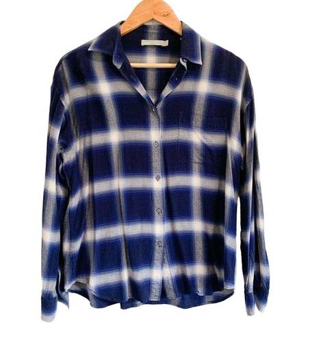 Vince  Soft Relaxed Brushed Plaid Button Down Long Sleeve Top Blue White Small