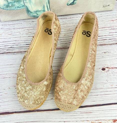 SO  Round Toe Ballet Flats Sequin Espadrille Blush Gold Size 8