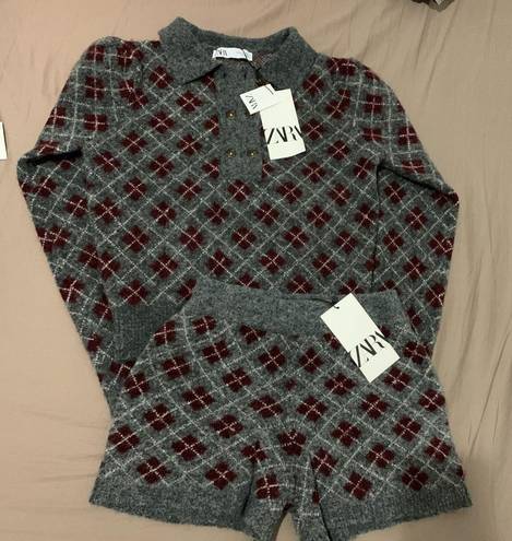 ZARA NWT  set argyle knit polo sweater and knit short