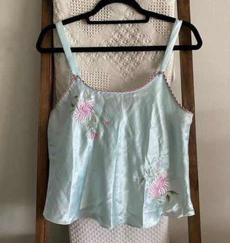 Oscar de la Renta pink label floral embroidered baby blue statin tank top